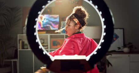 Aufkleber - Record, dance and woman with phone at night for live streaming on social media, mobile app and website. Happy, content creator and person with ring light on smartphone for tutorial, broadcast or vlog