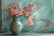 A rustic ceramic vase with pink peonies against an aged teal wooden wall. Created with Ai