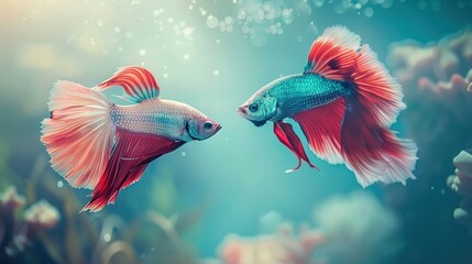 Poster - A pair of Siamese fighting fish in a pastel blue aquarium, their vibrant fins and graceful movements creating a mesmerizing underwater scene