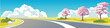 Vector or Illustrator of landscape view of empty asphalt road. Wide open field dotted with pink leaved trees. Background of white clouds and blue sky.