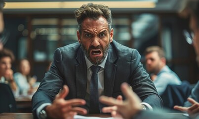 Man manager wearing a suit get angry in office meeting room pointing out to coworkers and setting up a bad unhealthy ambiance at work, Generative AI