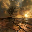 A surreal scene featuring a lone tree on cracked earth under a dramatic sunset sky, symbolizing hope and desolation.