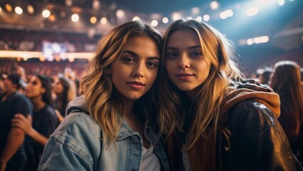 Selfie image of two happy smiling young beautiful caucasian women at a concert in a giant modern indoor arena nightlife club party lifestyle