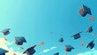 Flying Graduation Caps against a clear blue sky. Invitation, Celebration Banner with copy space. Digital Illustration. AI Generated