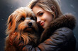 Image of girl hugging yorkshire terrier dog showing friendship. Pet. People and pets.