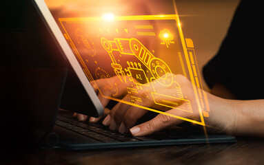 Aufkleber - AI generated tools, Industrial technology concept. Factory automation with Robot hand tech virtual screen while businessman's hand work with laptop computer. Smart industry factory innovation.