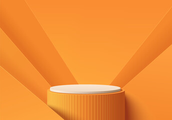 Canvas Print - 3D round product podium orange background with geometric backdrop. Abstract composition in minimal design. 3D studio showroom product pedestal, Fashion showcase mockup scene. Vector banner cosmetic.