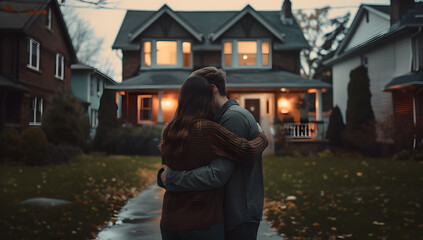 Canvas Print - Young couple standing and hugging together in front of their new house