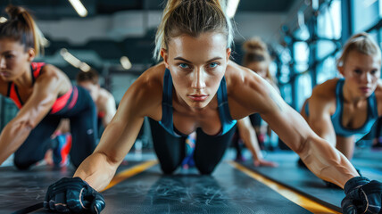 Wall Mural - Group  athletic people men  woman with ponytail  gloves workout together.  plank  strenght and strong