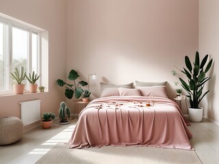 Wall Mural - Bedroom in pastel tone peach fuzz color trend 2024 year panton furniture and background. Modern luxury room interior home design. Empty painting wall for art or wallpaper, pictures, art. 3d render