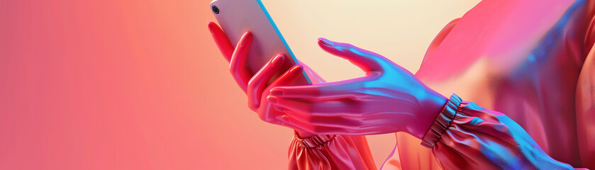 A photo of a woman's hand holding a phone. The hand is pink and the phone is white. The background is a gradient of pink and orange.