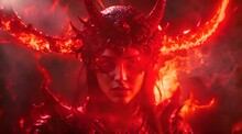 Female Red Devil In Hell On Flame Backgrounds.