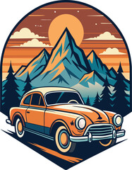 Retro car with mountains in the background. Vector illustration in retro style.