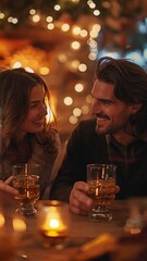 over the backdrop of a fireplace, a young couple enjoys a romantic dinner and whisky. idea that is r