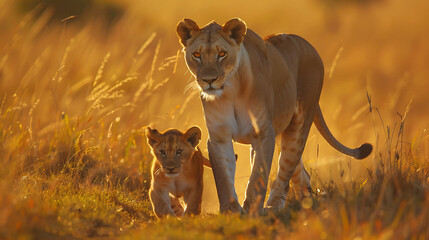 The raw beauty of Maasai Mara comes alive as an African lioness proudly walks alongside her playful cub, their majestic presence blending harmoniously with the African wilderness