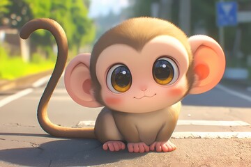 Wall Mural - cute and happy cartoon monkey on the street