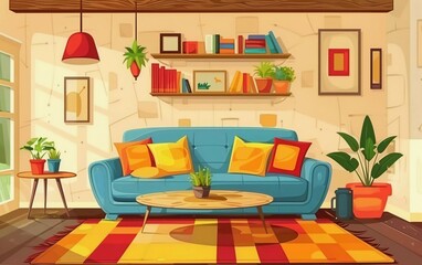 living room interior with furniture cartoon vector illustration