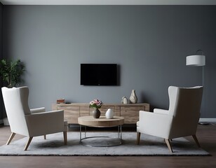 Wall Mural - Grey green living room. Lounge area chair with an accent gold table and decor. Empty painted wall blank as background. Modern interior design room home or hotel. 3d rendering