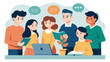 A group of young adults excitedly discussing their genealogy discoveries having just participated in a guided workshop at the booth.. Vector illustration