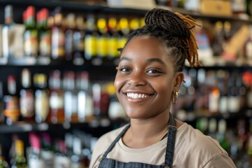 Wall Mural - Smiling Liquor store female  attendant posing looking at the camera