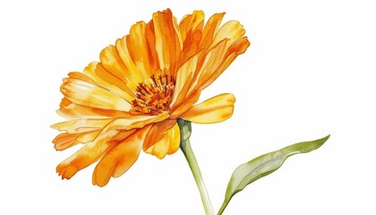 A watercolor painting of a minimal marigold, bright and cheerful, on a white background