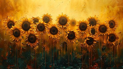 Wall Mural - visualize a sunflower field in full bloom using vibrant yellow and deep brown drips that merge organ