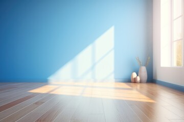 Poster - a room with a blue wall and a wood floor