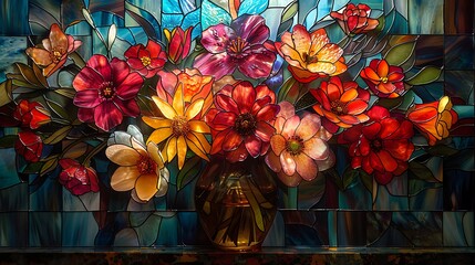 Wall Mural - visualize a bouquet of assorted flowers in a stained glass vase, with each species given its own uni