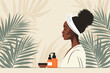 A woman with a towel wrapped around her head is holding a bottle of lotion in a bathroom setting. She appears to be getting ready for skincare routine