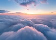 view from above foggy clouds at sunset blue sky horizon city lights in the distance aerial photography high resolution photo