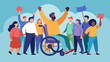 A man in a wheelchair surrounded by friends and allies rolling along in the Freedom March reminding everyone that no one is excluded from this fight.. Vector illustration