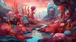 A surreal landscape of otherworldly plants and flowers, their twisted forms and vivid colors creating a dreamlike atmosphere.