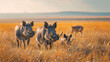 A serene scene as a family of warthogs forages for food in the grasslands of  Kenya, Africa, their distinctive tusks and quirky appearances captured with charming realism in mesmerizing 8k resolution
