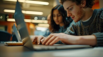 Two students collaborate on a project using a laptop in a well-lit modern study space, focusing intently on their work.