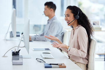 Canvas Print - Call center, computer and consultant woman laughing in telemarketing office for online assistance or help. Contact us, desk and microphone with funny support agent in workplace for customer service