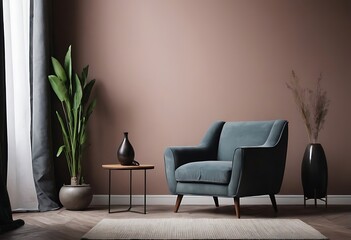 Wall Mural - Grey green living room. Lounge area chair with an accent gold table and decor. Empty painted wall blank as background. Modern interior design room home or hotel. 3d rendering