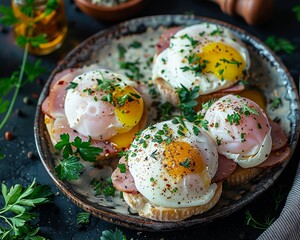 Eggs with poached eggs, ham, English muffins, and daise sauce, ready to eat