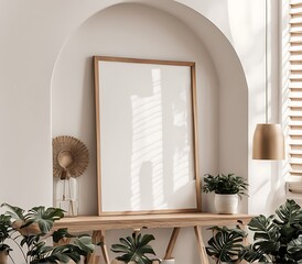 Wall Mural -  Poster frame mockup with vertical wooden frame in home interior background 