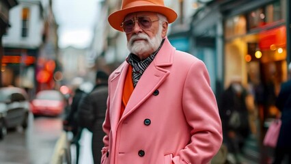 Wall Mural - Elderly man in pink coat and beret strolling through London street. Concept Elderly Man, Pink Coat, Beret, London Street, Strolling