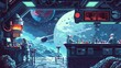 Incorporate elements of pixel art into a dynamic portrayal of Culinary Arts within space exploration Design a captivating scene featuring retro-futuristic space diners, pixelated chefs concocting cosm