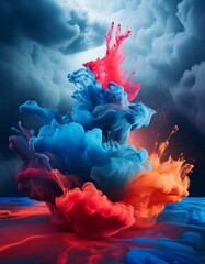 Wall Mural - A vibrant storm where various colors of paint are swirling in the air against a dark, stormy sky background
