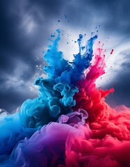 Wall Mural - A vibrant storm where various colors of paint are swirling in the air against a dark, stormy sky background