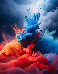 Wall Mural - A vibrant storm where various colors of paint are swirling in the air against a dark, stormy sky background