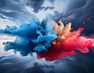 Wall Mural - A vibrant storm where various colors of paint are swirling in the air against a dark, stormy sky background