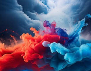 Wall Mural - A vibrant storm where various colors of paint are swirling in the air against a dark, stormy sky background