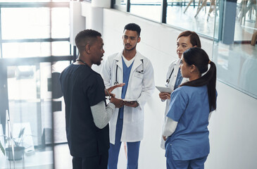 Poster - Doctor, nurse and group in hospital with team for consult for patient health with surgeon for communication. Clinic, working and diagnosis in Switzerland for expert medical treatment or professional