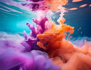 Wall Mural - An underwater scene where a burst of colorful paint is exploding in a clear blue ocean