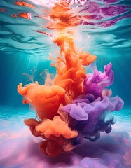 Wall Mural - An underwater scene where a burst of colorful paint is exploding in a clear blue ocean