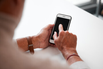 Leinwandbilder - Mock up, smartphone and screen with hands in office, tech and communication for work. Business person, advertising and website for branding or company logo, internet networking and social media