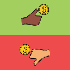 good and bad finance, good and bad money management symbol vector illustration design isolated in a green and red background